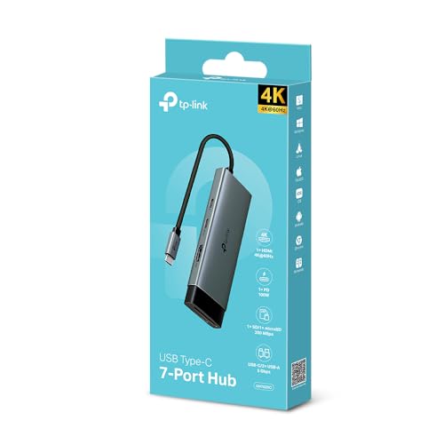 TP-Link UH7020C Hub USB C PD100W, 4K 60Hz HDMI, 1× USB C, 2× USB A, Cartes SD et microSD jusqu'à 200 Mo/s, Compatible avec MacOS, Windows, Linux, iPad OS, iOS, Android, ChromeOS, Nintendo