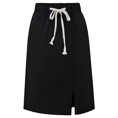 rismart Women Casual High Waist Skirt Knee Length Drawstring Skort with Pockets Black,M