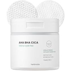 HERBNOTE AHA BHA Cica Gentle Clear Pad - وسادة تقشير الوجه للعناية بالبشرة الميتة ، موازنة الأس الهيدروجيني والتحكم في الزهم ، تشديد المسام الكبيرة ، البشرة الحساسة للهدوء ، والرطوبة الجافة ، تقشر البشرة, 70 ورقة