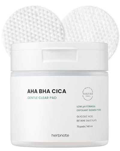 HERBNOTE AHA BHA Cica Gentle Clear Pad - Facial Exfoliating Pad for Dead Skin Cell Care, pH Balancing & Sebum Control, Tighten Large Pores, Calm Sensitive Skin, & Moisturize Dry, Flaky Skin, 70 Sheets -  KOLMAR KOREA CO., LTD.