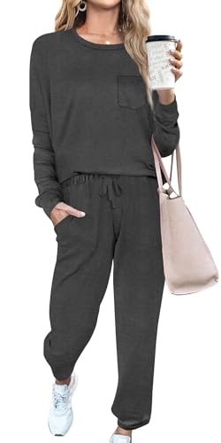 RUBZOOF Two Piece Sets for Women Matching Lounge Set Cozy 2 Piece Sweat Suits Casual Outfits Dark Gray L