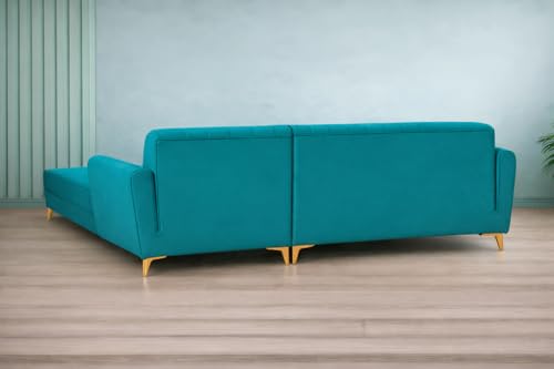 Image of Adorn India Premium Luster 8 Seater L Shape Sofa Set with 2 Puffy & 1 Center Table | Velvet Suede Fabric | 3-Year Warranty | RHS | Aqua Blue with Golden Legs & Striped Pattern Cushion