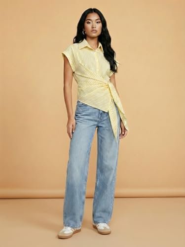 Image of Women Striped Wrap Style Cotton Shirt Drop Shoulder Casual Wear