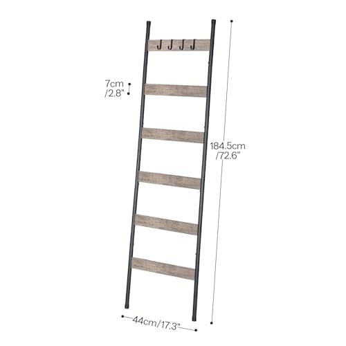 HOOBRO Blanket Ladder, 6-Tier Towel Rack with Hooks, Wall-Leaning Blanket Rack, Decorative Display Ladder Shelf, Scarves, Industrial, Living Room, Bedroom, Black and Greige BG66CJ01