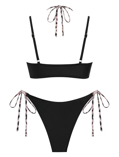 Image of ZAFUL Women's Polka Dot Bikini Set Double Layer Halter Swimsuit Colorblock Side Tie 2 Piece Bathing Suit