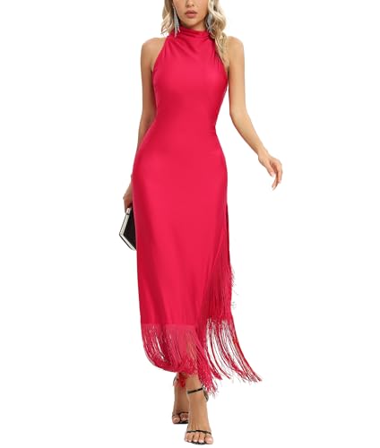 Image of Aigeman Women Vintage Flapper Dresses 1920s Great Gatsby Halter Fringed Maxi Dress Tassels High Split Formal Dress 19