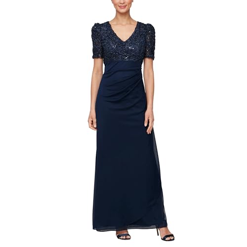 Image of Alex Evenings Women's Wedding Guest Dress with V-Neck Stretch Sequin Bodice and Empire Waist (Petite and Regular Sizes)