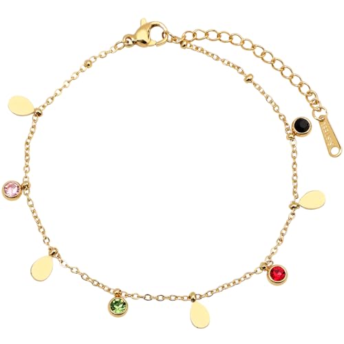 Image of 18K Gold Plated Stainless Steel Dainty Charms Colorful Crystal Birthstone Bracelet Minimalist Cute Jewelry for Women