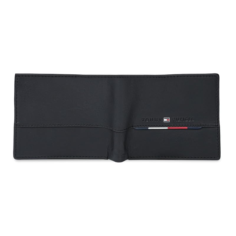 Image of Tommy Hilfiger Men's Genuine Leather Global Coin Wallet Eupen - Black | Slim Bifold with Secure Coin Pouch, 2 Compartments 4 Card Slots | Stylish Purse of Gents