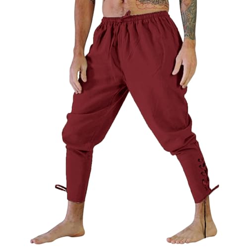 Beokeuioe Pantalones de vikingo vintage para hombre, medieval, monocolor, con correa de grillete, disfraz medieval, pantalones de trabajo, pantalones punk, A2 rojo., XL