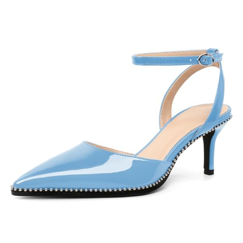 Image of SAMMITOP Kitten Heels for Women Low Heel Closed Toe Ankle Strap Pumps Wedding Party Beaded Dress Shoes 2.4 Inch