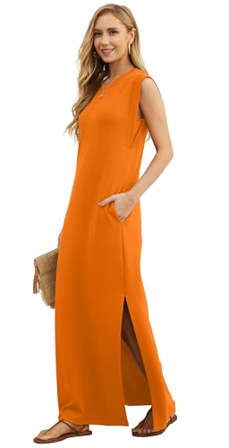 Image of GRECERELLE 2026 Women Year-Round Casual Round Neck Loose Split Wrinkle-Free Long Maxi Vacation Dress with Pockets (XXS-4XL)