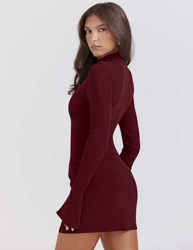 Image of YMDUCH Women's Long Sleeve Mock Neck Bodycon Mini Party Dress | Stretch,Flare Sleeve,Formal,Back Zipper,Elegant,Comfy,Casual,Fitted,Solid,Party,Date Night,Club,Birthday,Fall,Spring,Short