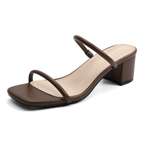 Image of Shoe'N Tale Strappy Heels for Women Square Open Toe Two Strap Low Block Heel Slip on Dressy Sandals Shoes