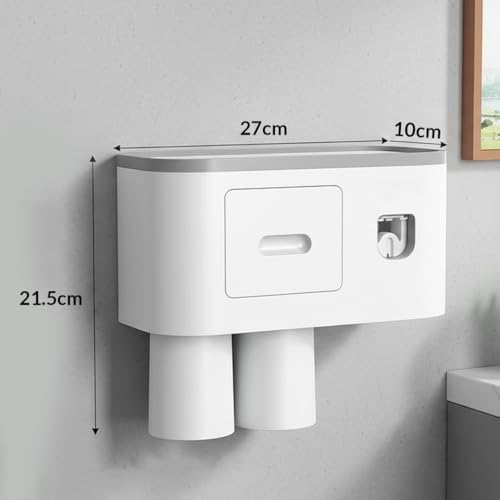 Image of Toothbrush Holder Wall Mounted, Automatic Toothpaste Dispenser Squeezer Kit -Magnetic Toothbrush Holder for Bathroom and Vanity, 4 Brush Slots 1 Cosmetic Drawer (Grey, 2 Cup)