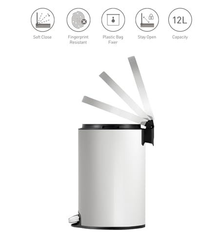 Image of Obsessions EKO Soft-Close Bathroom Trash Can - 12L Stainless Steel Pedal Bin with Lid & Liner, Elegant White Waste Basket for Home & Kitchen