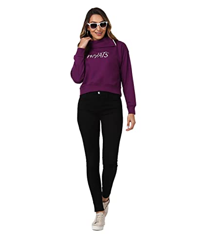 Image of UrbanMark Women High Neck Text Printed Crop Sweatshirt with Shoulder Zip-Purple