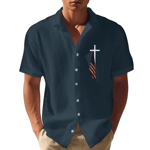 Knit Summer Shirts Men, Mens American Flag Waffle Shirts 4th of July Christian USA Flag American Cross T-Shirts Loose Fit Summer Beach Tops