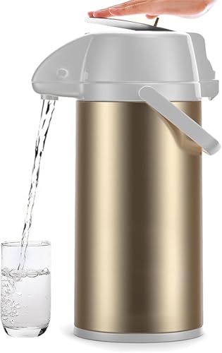 tangcheng エアーポット 卓上ポット 保温ポット ステンレス製 大容量 魔法瓶 家庭用 48時間の長期保温 真空断熱 保温 保冷 広口 プッシュ式 片手で操作 節電 省エネ オフィス 業務用 旅行用 水筒 携帯 (ゴールデン,2.2L)