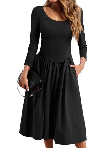 Wenrine Womens Scoop Neck Midi Dress Patchwork 3/4 Sleeve Pleated A Line Casual Fall Long Dress with Pockets Black
