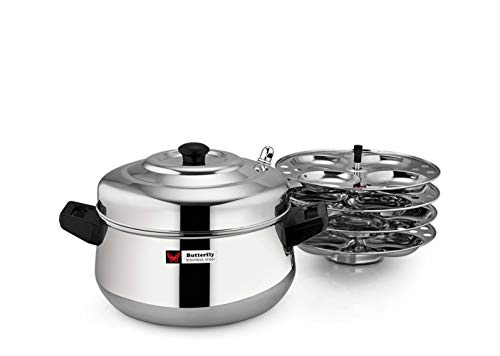Butterfly Stainless Steel Curve Idli Cooker, Idly Maker Set with 4 Plates, 16 idlies, Silver