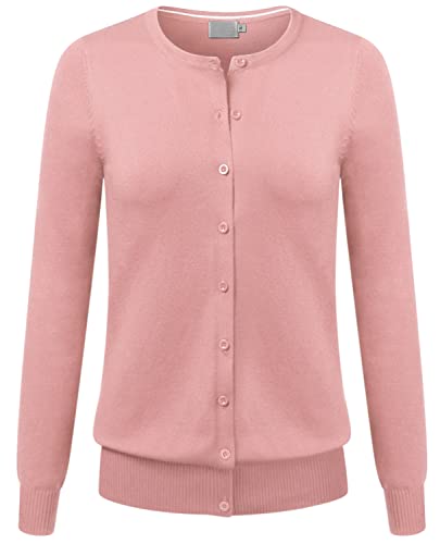 Comfy World Women's Classic Comfy Cardigan Sweater Soft Knit Solid Crew Neck Long Sleeve Slim Fit Front Button Up Dustypink M #TOP3
