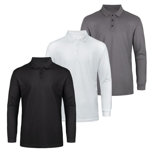 AMZSPORT Confezione da 3 Polo Uomo Traspirante Manica Lunga Maglia Golf Sport Casual con 3 Bottoni per Lavoro e Outdoor,NeroGrigioBianco XL