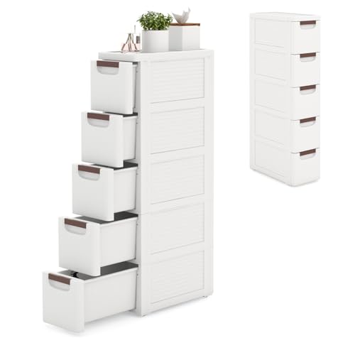 KOMFOTTEU Schmaler Nischenschrank auf Rollen, Rollschrank mit 4 Schubladen, Rollwagen Nischenregal platzsparend, Ordnungswagen Schubladenschrank für Küche Badezimmer, Weiß (5 Schubladen, 1 Stück)