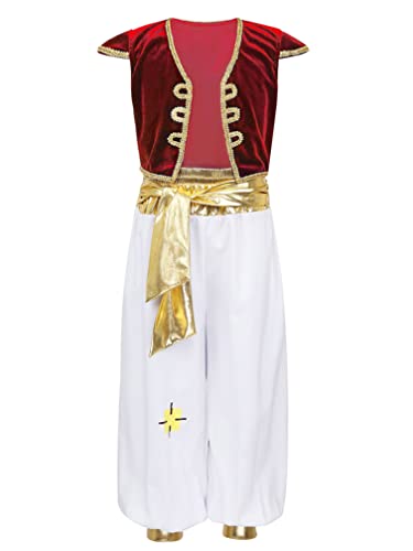 ranrann Disfraz de Príncipe Aladino para Niño Cosplay Traje de Príncipe Árabe Chaleco con Pantalones Largos Dress Up para Halloween Carnaval A Rojo 10-12 años