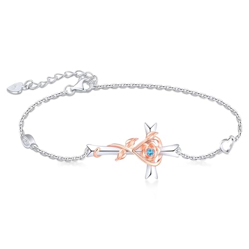 RIVIKO 925 Sterling Silver Cross Birthstone Bracelets for Women Cross Rose Bracelet Trendy Adjustable Link Mothers Day Christmas Anniversary Jewelry Gift for Women Her Wife Girlfriends Daughter Mom