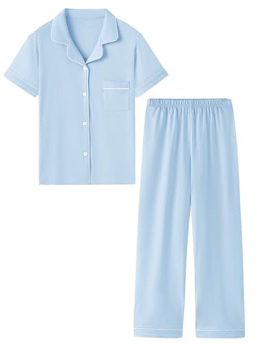 QZH.DUAO Girl & Women's 100% Cotton Short Sleeves and Long Pants Pajama Set,2-Piece, 5 Years - Large, Light Blue, 7-8 Years