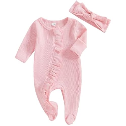 Ayalinggo Newborn Baby Romper Infant Girl One-piece Outfit Waffle Ruffle Zip Footie Spring Summer Clothes With Bow Headband