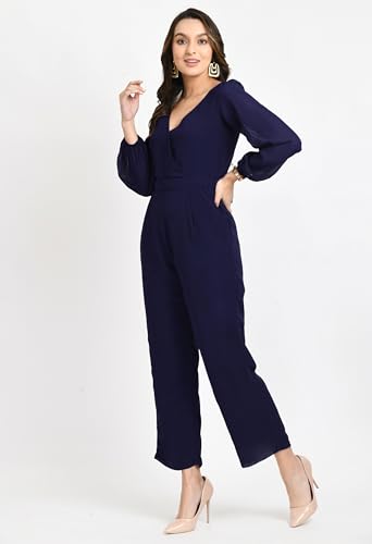 Image of V&M Women's Black V-Neck Jumpsuit | Full Sleeve Straight-Leg One-Piece with Side Pockets | Elegant Western for Office, Party & Evening Outfits