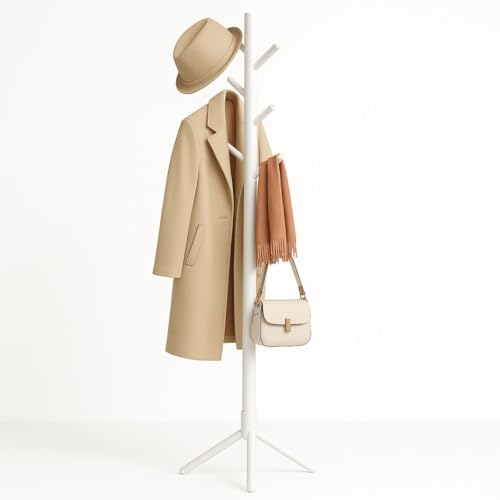 ZUNOVI Perchero de Pie de Madera Maciza | Estilo Árbol, Altura Ajustable, 8 Ganchos, Base Estable, Ideal para Entrada, Dormitorio u Oficina, Montaje sin Herramientas (Blanco)
