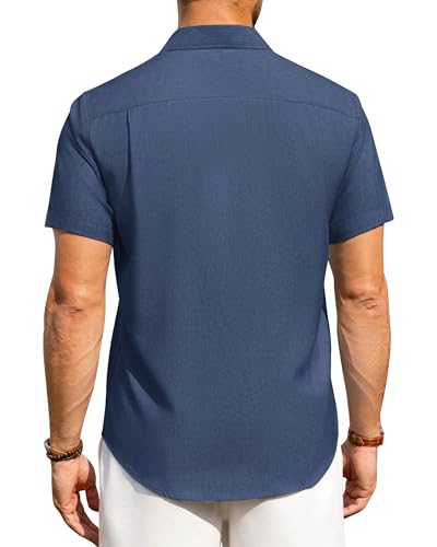 Image of Alimens & Gentle Mens Linen Shirts Short Sleeve Button Down Shirts Wrinkle Free Casual Vacation Beach Summer Tops