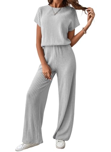 Happy Sailed Wide Leg Jumpsuits For Women Casual Loose One Piece Outfits Short Sleeve Crewneck Knit Ribbed Stretchy Long Romper Fashion 2024 Grey Small cover