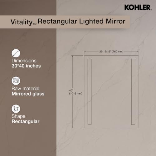 Image of Kohler Vitality Lighted Rectangular Column Mirror, 30 inch x 40 inch (762mm x 1016mm), Inset LED Lights, Touchless, Anti-Fog (22928IN-NA)