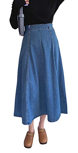 CHARTOU Women's Versatile High Waist Package Hip Flared A Line Midi Long Denim Skirt (Small, Blue)