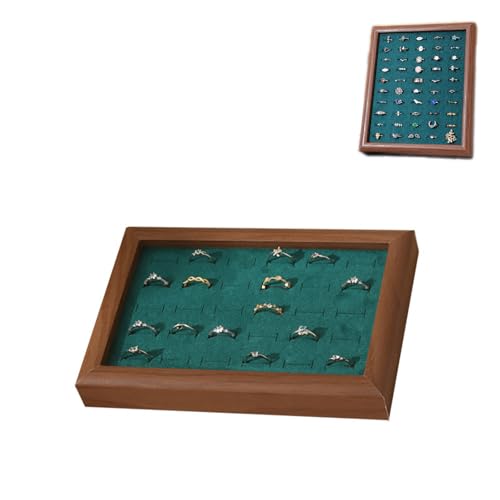 Bustlwor Expositor Para Anillos, Expositor anillos madera, Bandeja joyería terciopelo, Para Guardar Joyas, Mucho Espacio de Almacenamiento (verde nogal)