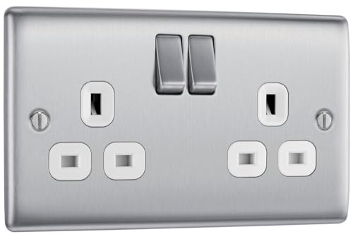 BG Electrical Double Switched Power Plug Wall Socket Nexus Metal Brushed Steel White Inserts 13A NBS22W