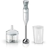 Bosch Frullatore a Immersione MSM66120, 600W, Impugnatura Ergonomica, Piede in Acciaio Inox, Lama a 4 ali Acciaio Inox, Velocità Variabile, Accessorio Tritatutto Incluso, Bicchiere Graduato, Bianco