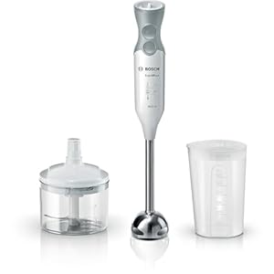 Bosch Frullatore a Immersione MSM66120, 600W, Impugnatura Ergonomica, Piede in Acciaio Inox, Lama a 4 ali Acciaio Inox, Velocità Variabile, Accessorio Tritatutto Incluso, Bicchiere Graduato, Bianco