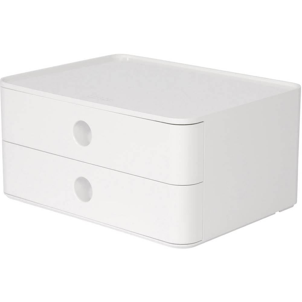 HAN Schubladenbox Allison SMART-BOX mit 2 Schubladen und Trennwand, Kabelführung, stapelbar, Utensilienbox für Büro, Schreibtisch Küche, möbelschonende Gummifüße, 1120-12, hochglänzend, snow white