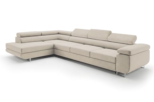 Ecksofa mit Schlaffunktion PASTI XL L-Form, Sofa Couch mit Bettkasten, Couch Eckcouch, Schlafsofa für Wohnzimmer Couch mit Schlaffunktion (Pet Friendly Edition Creme-Beige, Ottomane Links)