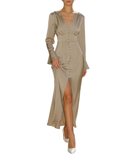RIHOAS Womens Sexy Formal Cocktail Dress - Long Sleeve Long Dresses for Wedding Guest Prom Night & Birthday Celebration Spring Summer Dress Khaki - S