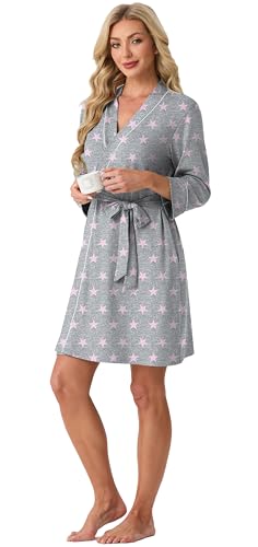 Image of PrinStory Womens Robe Knee Length Soft Knit Bathrobe S-2XL | V-Neck 3 /4 Sleeve Robes with Pockets, Lightweight, Breathable Bath Robe for Shower, Spa, Travel, Home, Party, Nursing