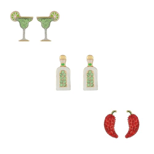 Madison Tyler 3 Pairs Cinco De Mayo Earrings for Women | Mexican Fiesta Earrings | Margarita Tequila Chili Pepper Sombrero Pinata Maracas Taco & Guacamole Cocktails Earrings Set
