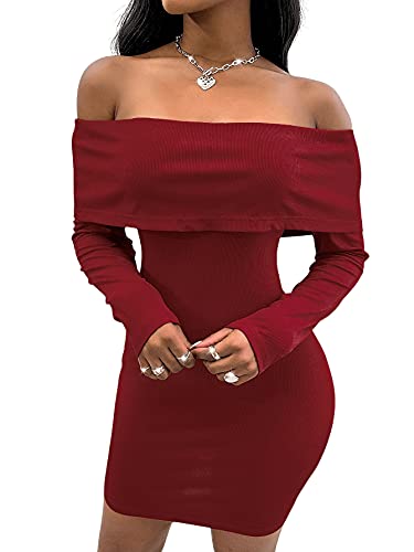 SweatyRocks Women s Long Sleeve Off Shoulder Bodycon Mini Dress Bandage Short Romper Burgundy S