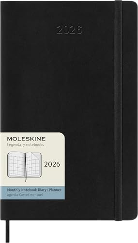 Moleskine Monatsplaner, Monatskalender 2026 12 Monate, Mit Weichem Einband und Elastischem Verschluss, Großformat 13x21, Farbe Schwarz
