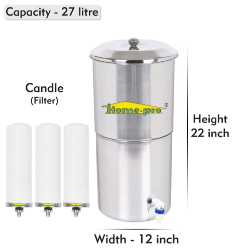 Image of Home-Pro - Gravity Water Filter and Purifier | 27 Liters Total Capacity (14L Bottom & 13L Top) Made with Stainless Steel |Includes 3 Creamic Long Candle and Food Grade Plastic Tape